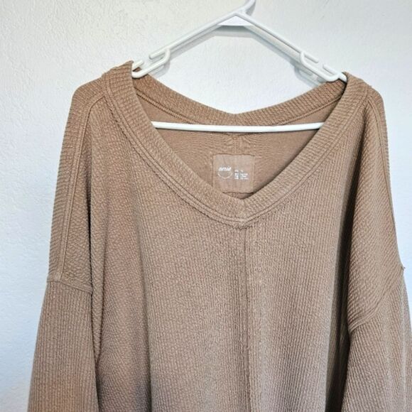 Aerie | Wonder Textured V-Neck Brown Slouchy Oversize Sweatshirt Women Medium - Picture 5 of 7